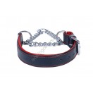 Adjustable PADDED Half check / Martingale Leather Dog Collar - Black with Red Lining. (Stainless Steel Chain)